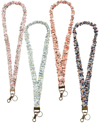 Faccito Haargummis für Ausweise, Schlüssel, niedlicher Halsschmuck mit Clip, Lehrerverschluss, dehnbare Schlüsselbänder (Blumenstil), 4 Stück von Faccito