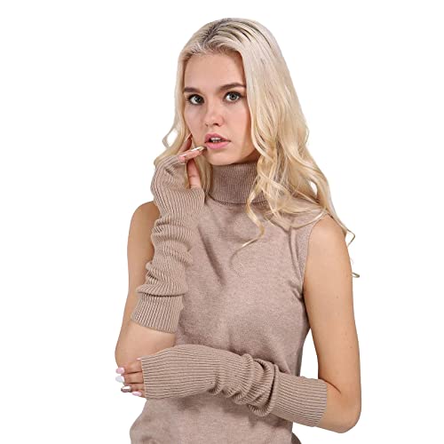 Facecozy Lange Fingerlose Handschuhe Damen Winter, Stricken Wolle Mischung Armstulpen Damen Winter Daumenloch Armwärmer (Camel, 19.6"/50cm) von Facecozy