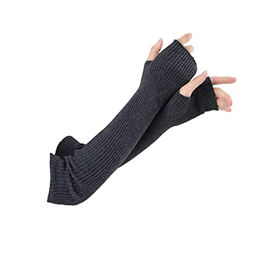 Facecozy Lange Fingerlose Handschuhe Damen Winter, Stricken Wolle Mischung Armstulpen Damen Winter Daumenloch Armwärmer (Dunkelgrau, 19.6"/50cm) von Facecozy