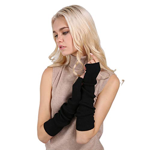 Facecozy Lange Fingerlose Handschuhe Damen Winter, Stricken Wolle Mischung Armstulpen Damen Winter Daumenloch Armwärmer (Schwarz, 40.5 cm) von Facecozy