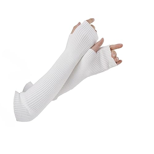 Facecozy Lange Fingerlose Handschuhe Damen Winter, Stricken Wolle Mischung Armstulpen Damen Winter Daumenloch Armwärmer (Weiß, 16"/40.5cm) von Facecozy