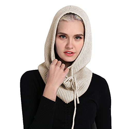 Facecozy Mütze Damen Winter, Strickmützen Warme Kapuzen Schal für Frauen Sturmhauben Beanie Wintermützen (Beige) von Facecozy