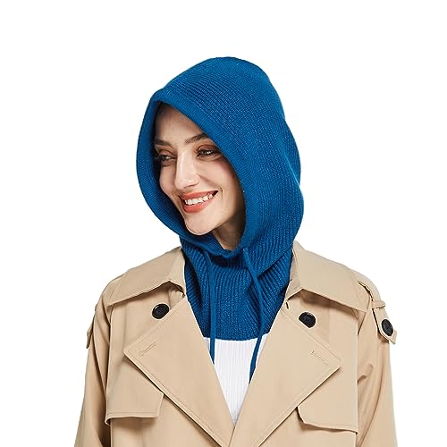 Facecozy Mütze Damen Winter, Strickmützen Warme Kapuzen Schal für Frauen Sturmhauben Beanie Wintermützen (Blau) von Facecozy