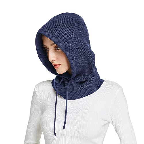 Facecozy Mütze Damen Winter, Strickmützen Warme Kapuzen Schal für Frauen Sturmhauben Beanie Wintermützen (Marineblau) von Facecozy