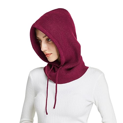 Facecozy Mütze Damen Winter, Strickmützen Warme Kapuzen Schal für Frauen Sturmhauben Beanie Wintermützen (Weinrot) von Facecozy