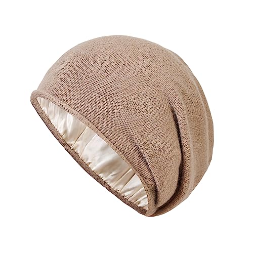 Facecozy Satin Gefütterte Mütze Damen Wintermütze Warme Kaschmir-Feeling Strickmütze Slouchy Beanie Damen (Kamel) von Facecozy