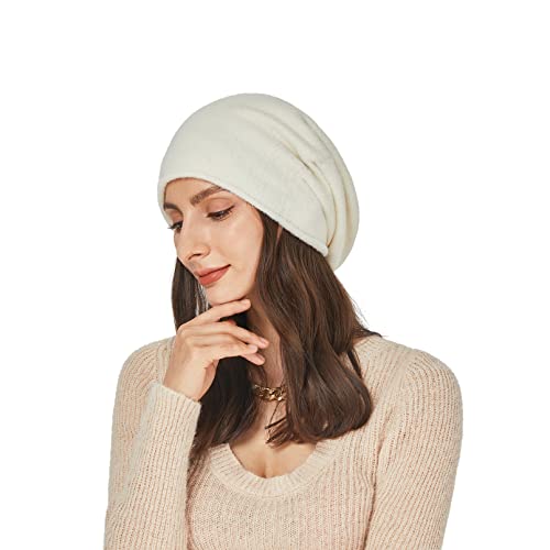 Facecozy Slouchy Beanie für Damen, leicht, warm, mit Fleece gefüttert, Wintermütze für Damen, Wollmütze, dünne Totenkopfmütze, Strickmütze (Weiß) von Facecozy