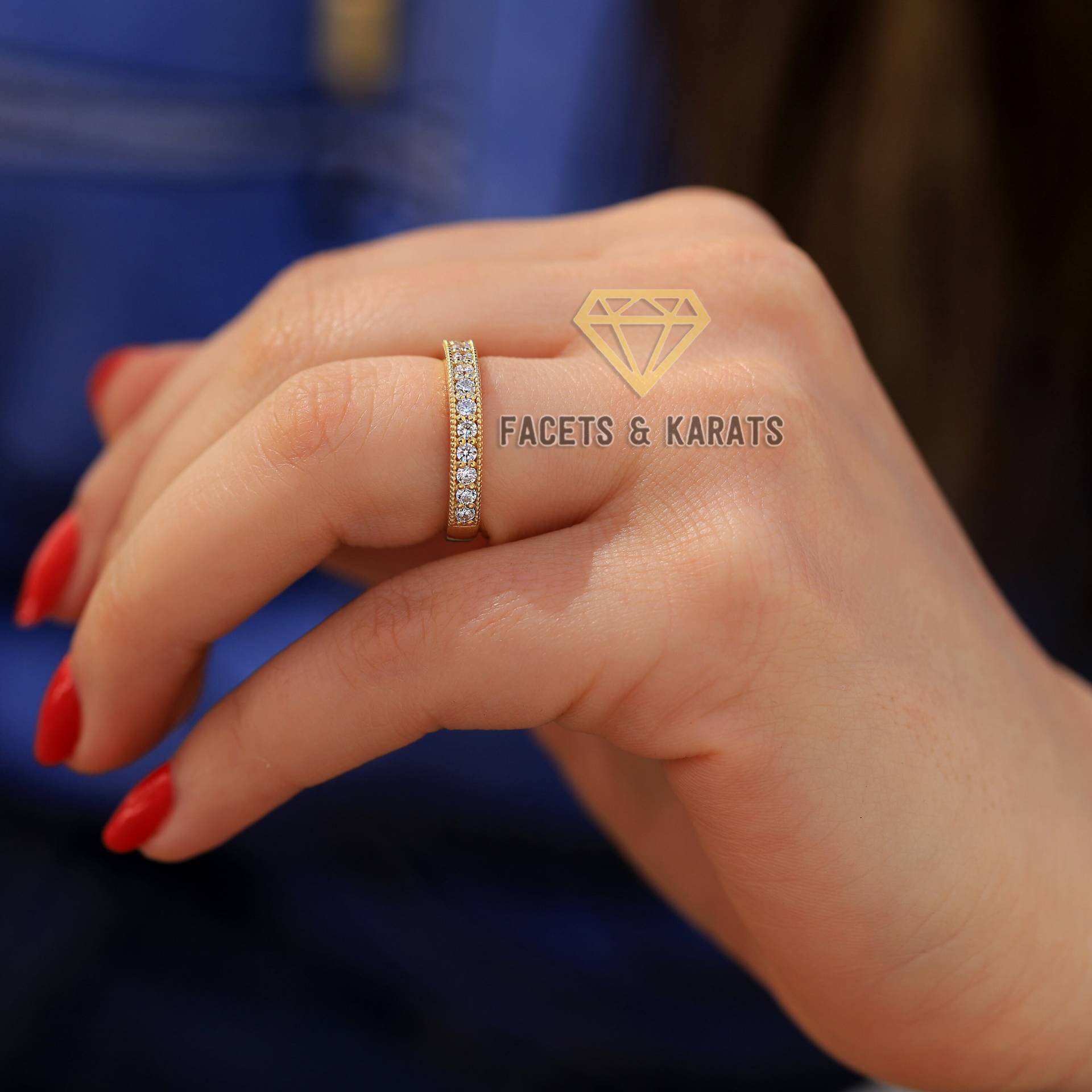 1/2 Karat Ehering Halbe Ewigkeit Milgrain Vintage Style Verlobungsring Bands Jubiläumsringe 14K Solid Gelbgold Facetten Und von FacetsandKarats