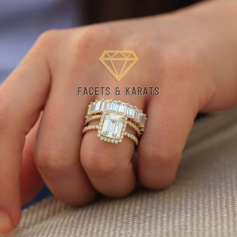 14K Gelbgold Ehering Im Smaragdschliff 3Er Set Verlobungsring Smaragdschliff, Volles Eternity-Band Und Halber von FacetsandKarats