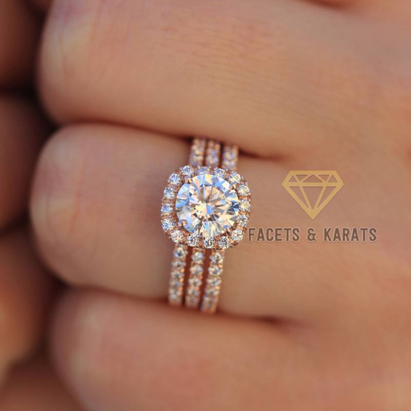 14K Rose Gold Ehering 3Er Set, Verlobungsring Und Doppelte Eheringe Von Facets & Karats Auf Etsy Erhältlich in Weißgold Gelbgold von FacetsandKarats