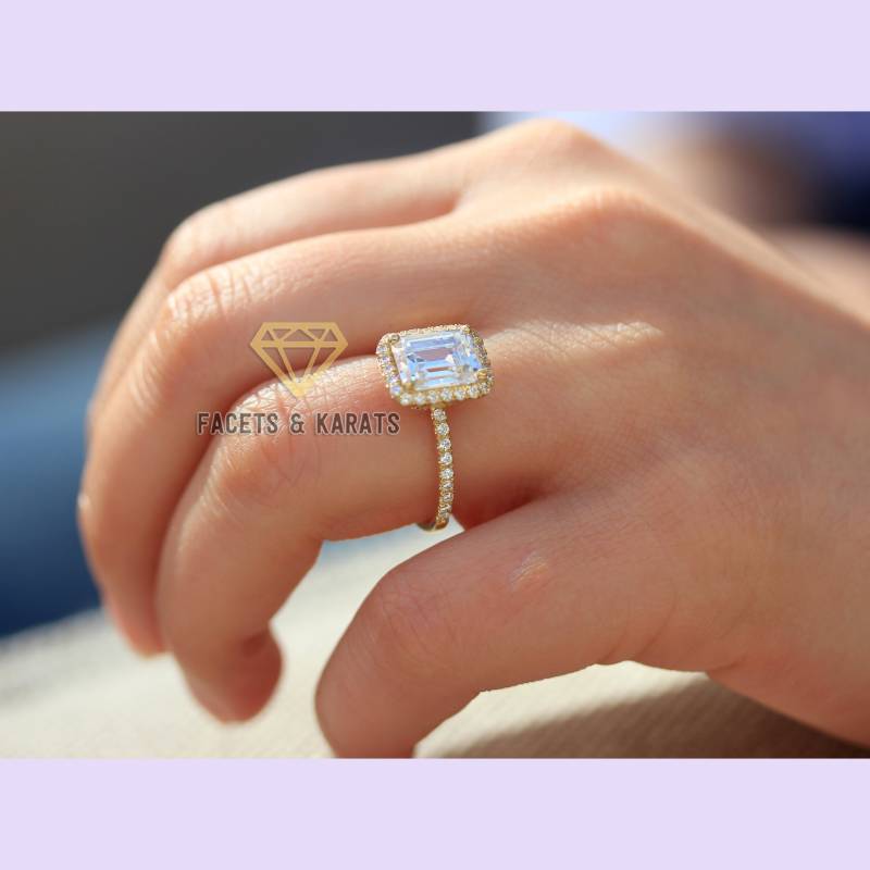 18K Gold Smaragd Cut Verlobungsring, Halo Ehering, Länglicher Ring 3 Karat Smaragdring Von Facets Und Karats Auf Etsy von FacetsandKarats