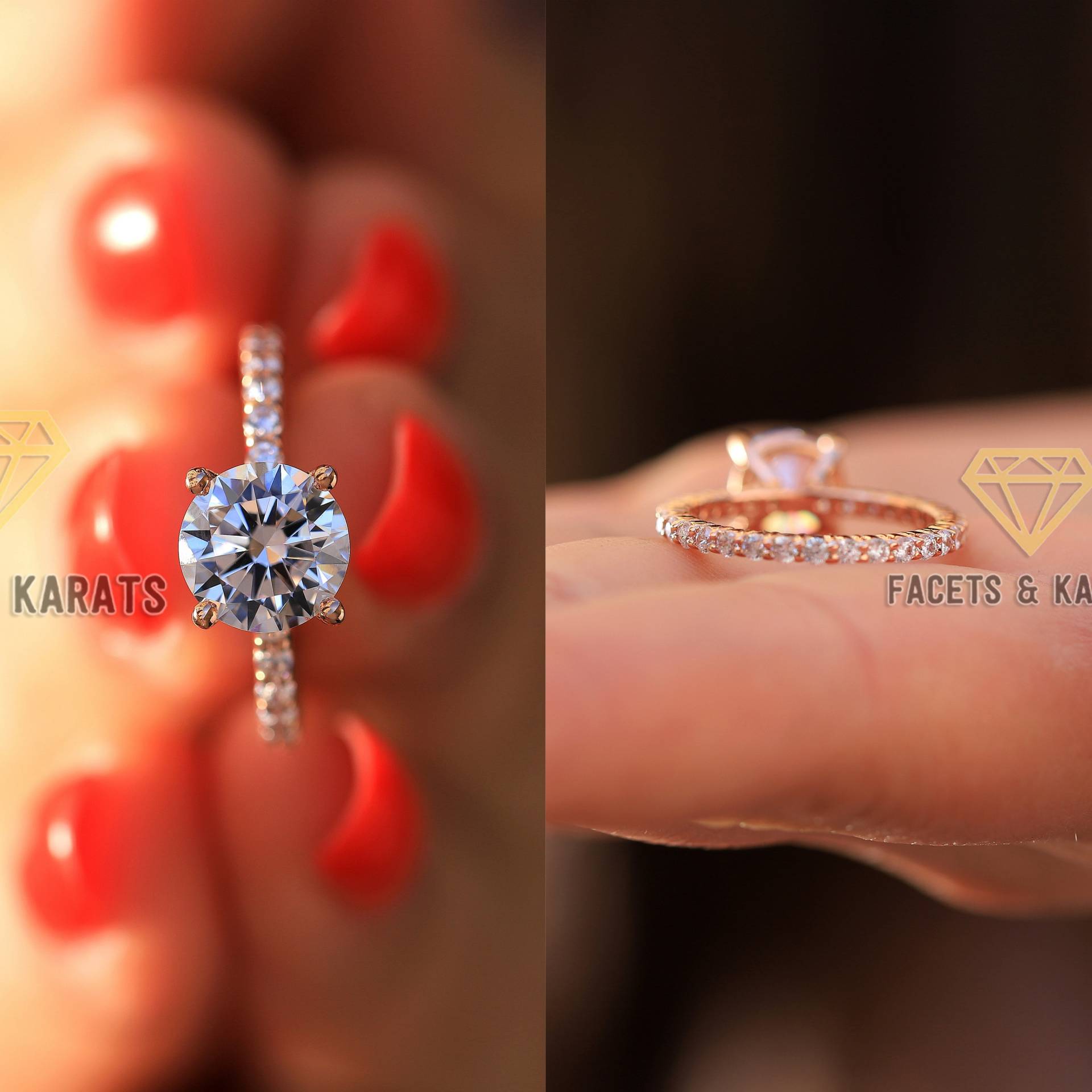 18K Solid Rose Gold Einzigartige Maßgeschneiderte Ehering 2 Karat Runde Verlobungsring Mit Eternity Accent Side Stones Facetten Und Auf Etsy von FacetsandKarats