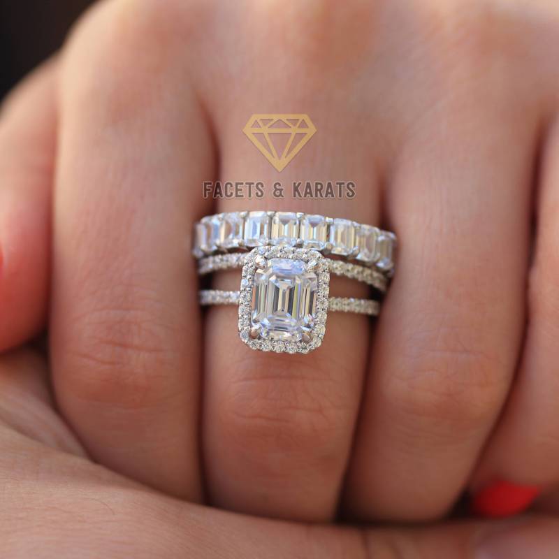 18K Weißgold Braut Set, Asscher Schliff, Verlobungsring, Ehering Und Eternity Band Im Smaragdschliff | 9.0 Ctw von FacetsandKarats