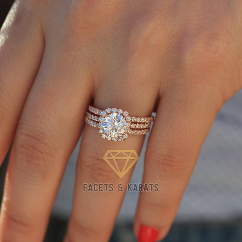 2.75 Tcw Rose Gold Verlobungsring Set 18K Solid Ehering Mit Doppelten Passenden Eheringe Facetten Und Karat Auf Etsy Schmuck von FacetsandKarats
