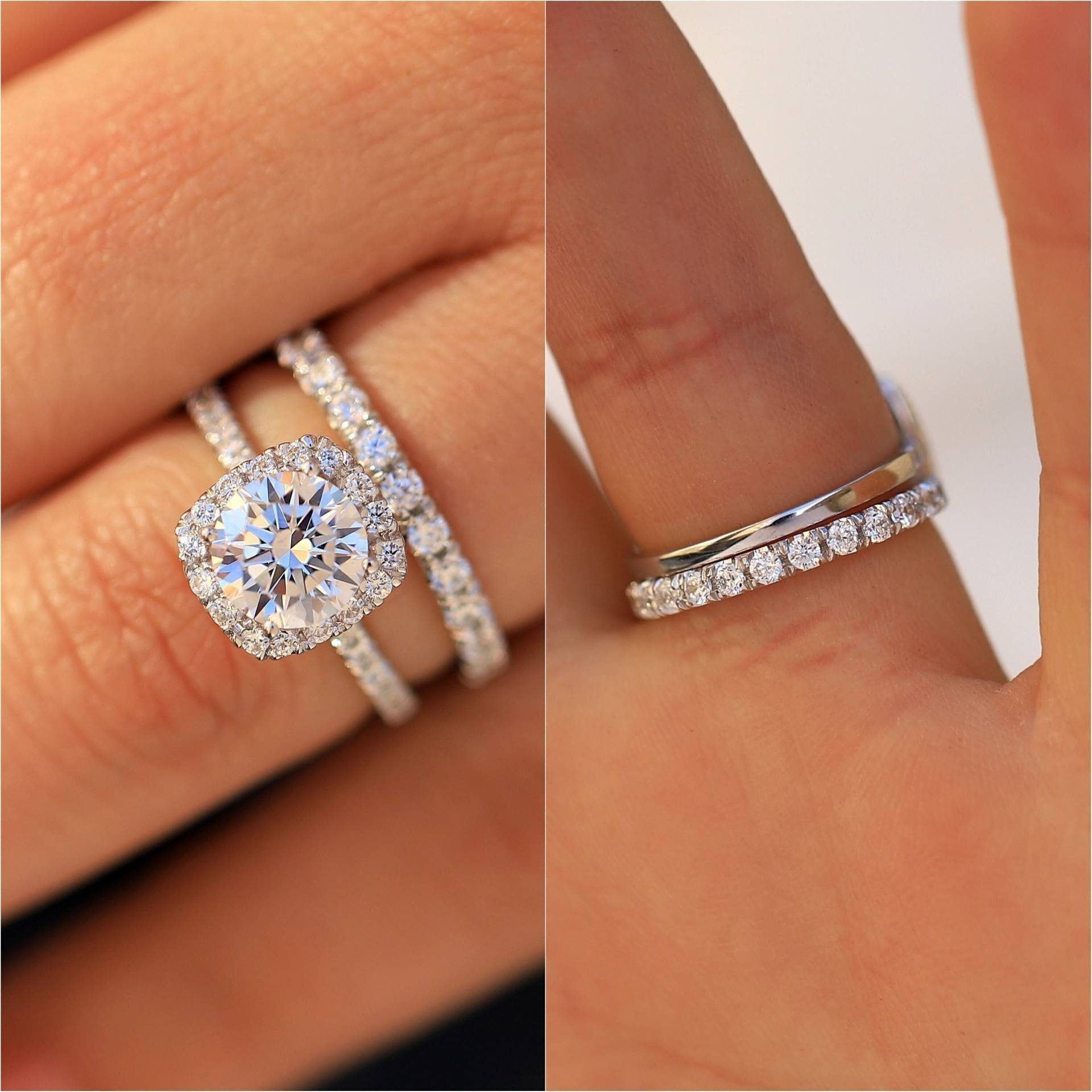 2Ct Kissen Halo Moissanite Verlobungsring Set Mit 1Ct Eternity Band in 585 Weißgold, Gelbgold Oder Roségold Von Facets & Karats von FacetsandKarats