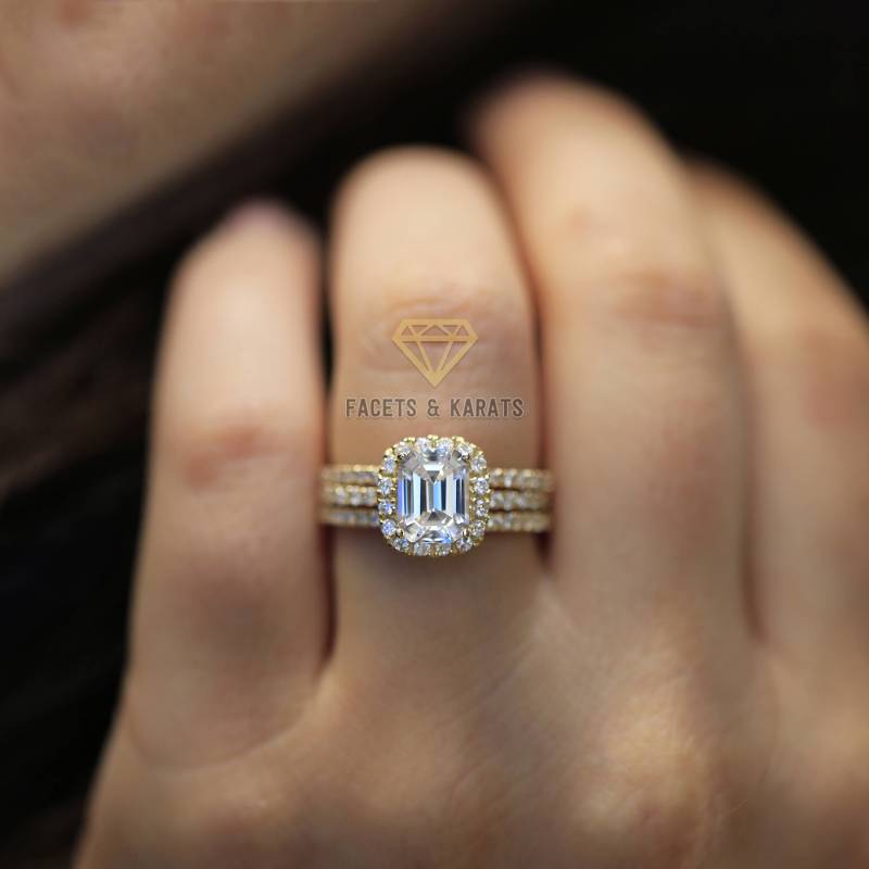 3 Ctw Smaragdschliff Verlobungsring Braut Set Brautring Ehering 585 Gelbgold Simulierte Diamanten von FacetsandKarats