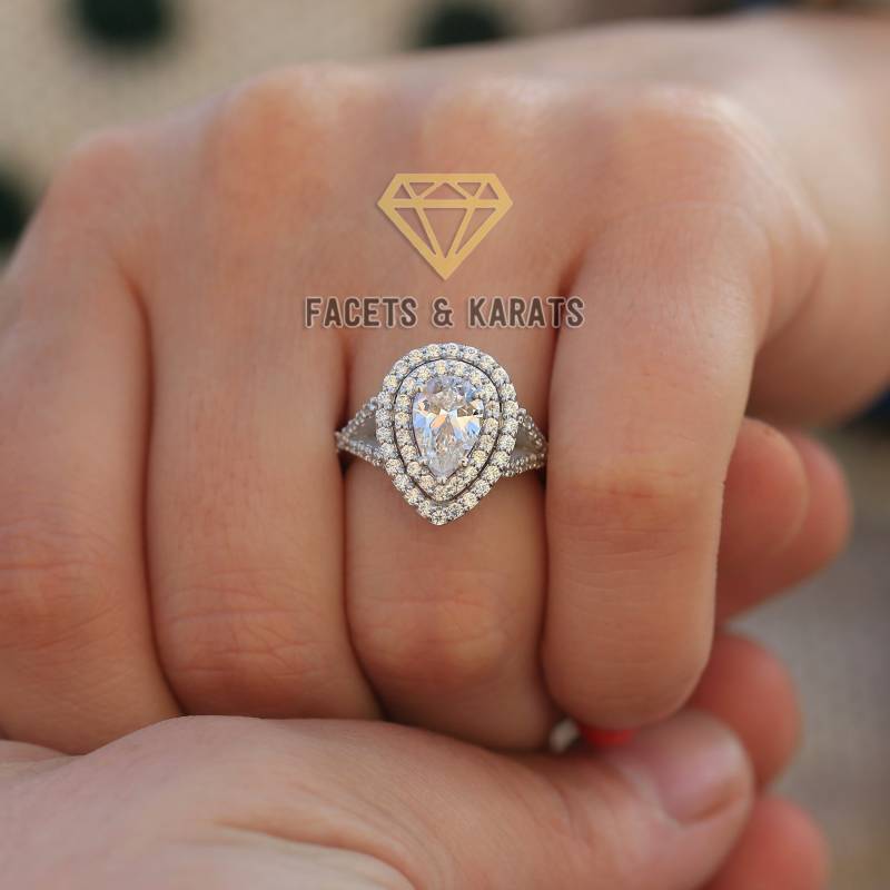 3 Karat Birnenförmige Doppel Halo Verlobungsring Ehering Solid 14K Weißgold Verfügbar - Gelbgold Und Roségold Von Facetten von FacetsandKarats