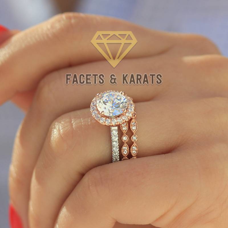 3.60 Ct Rundschliff Verlobungsring Ehering Braut Set Halo Aus Massivem Echtem 14K Roségold Von Facets & Karats Auf Etsy von FacetsandKarats