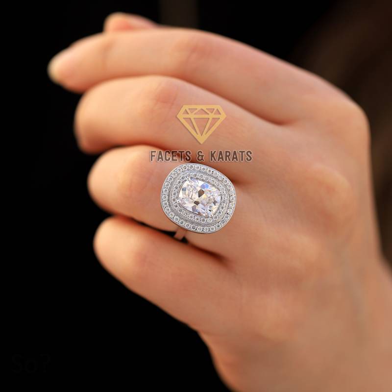 4 Karat Benutzerdefinierte Verlobungsring Doppel Halo Ehering Rechteckig Länglich Kissenschliff Brautring 14K Solid White Gold Facetten Und von FacetsandKarats