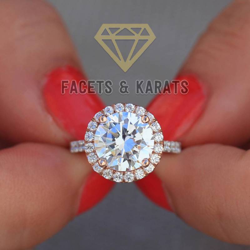 4 Karat Roségold Verlobungsring Halo Ehering 14K Gold Rund Brilliantschliff Simulierter Diamant Von Faces & Karats von FacetsandKarats