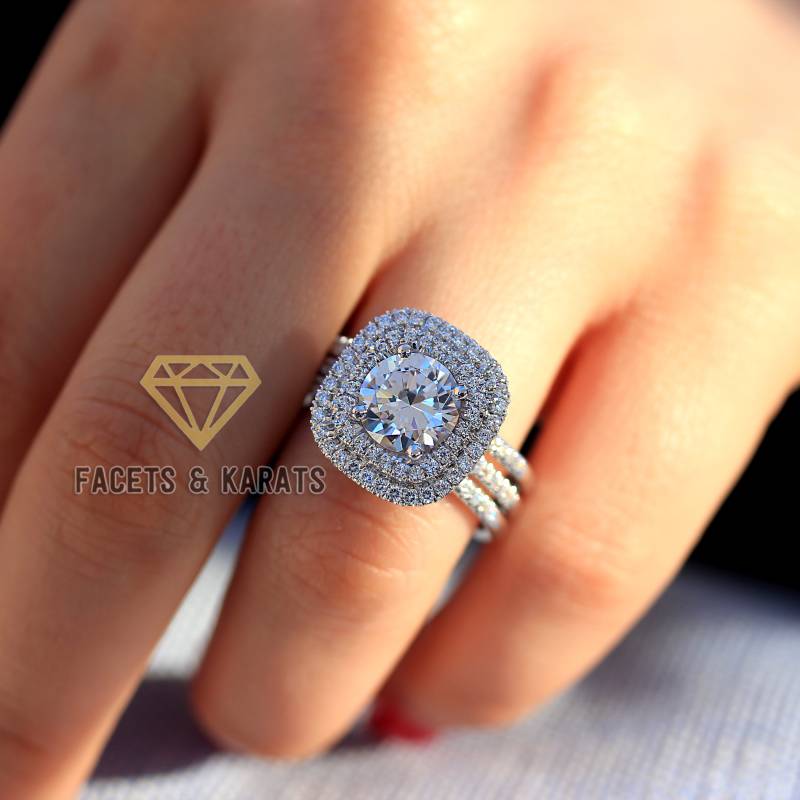 4.50 Ctw Halo Verlobungsring Braut Set Von 3 Trauringe Doppel & Doppelte Eheringe, Massives 585 Weissgold, Custom Made Pave von FacetsandKarats