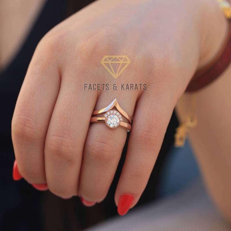 Alternative Verlobungsring Set Aus Massivem 14 Karat Echtem Roségold, Einzigartiges Hochzeit Brautring Für Frauen Minimalist Verlobung Boho Ringe von FacetsandKarats