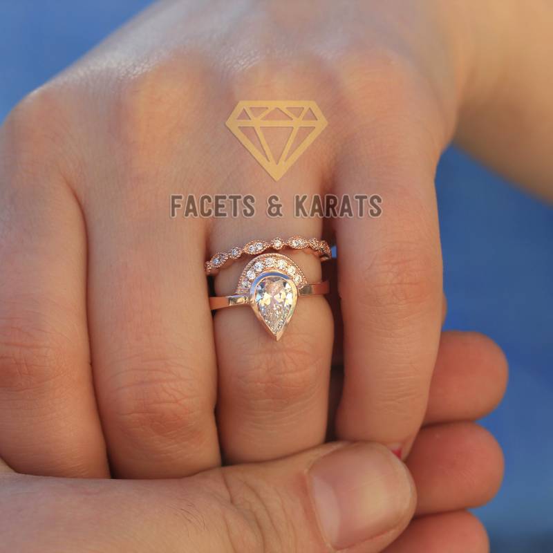 Einzigartiges Trauring Set Für Frauen Solid 14K Rose Gold Braut Art Deco Ehering Boho Verlobungsring By Facets & Karats Auf Etsy von FacetsandKarats