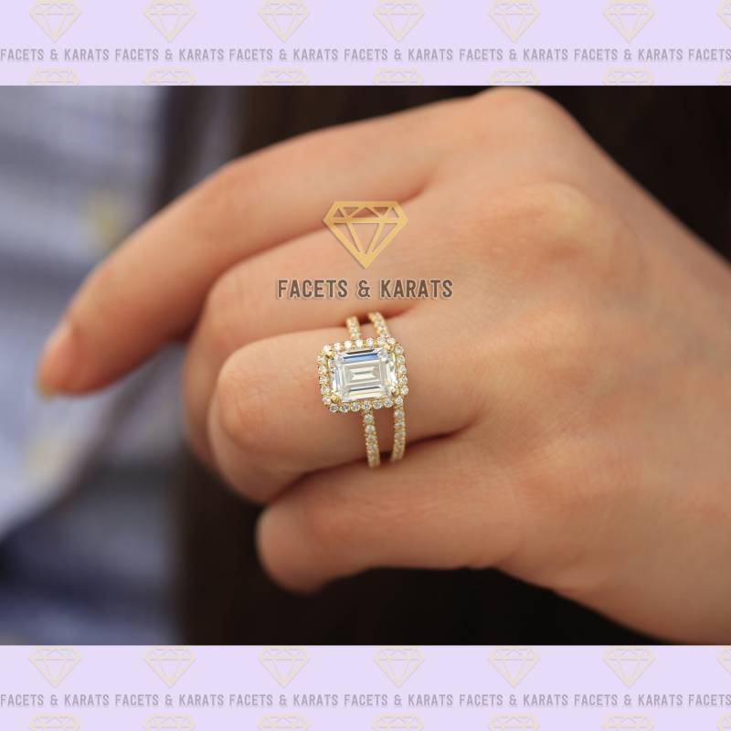 Facetten Und Karat Smaragdschliff Verlobungsring Set Mit Brautband, Ehering Set, 14K Solidem Weißgold, Gelbgold Oder Roségold von FacetsandKarats