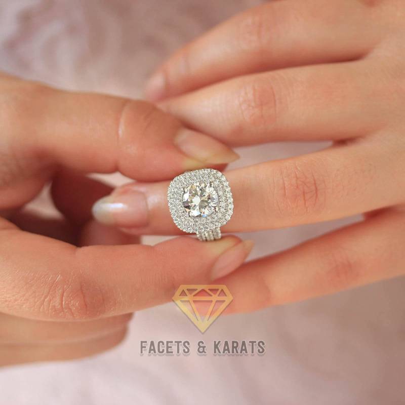 Platin Verlobungsring Set Mit Doppelten Eheringen, 4.5 Ctw, Braut Set, Rundschliff, Ehering Künstlicher Diamant von FacetsandKarats