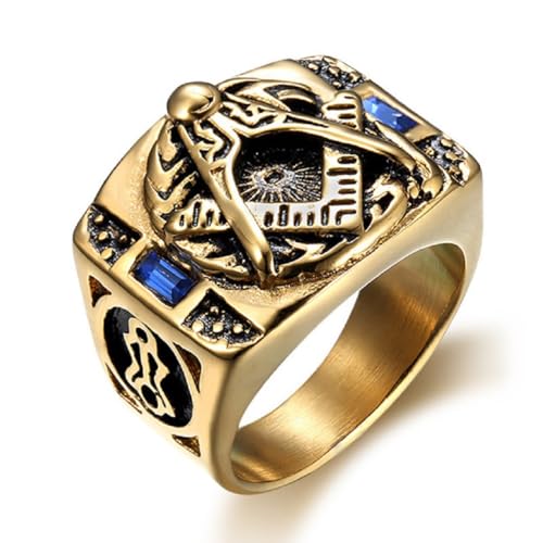 Blauer Stein Freimaurer Ring fur Männer Gold Punk Freimaurer Symbol Ring Blauer CZ Mason Schmuck fur Herren (20.6) von Fachoice