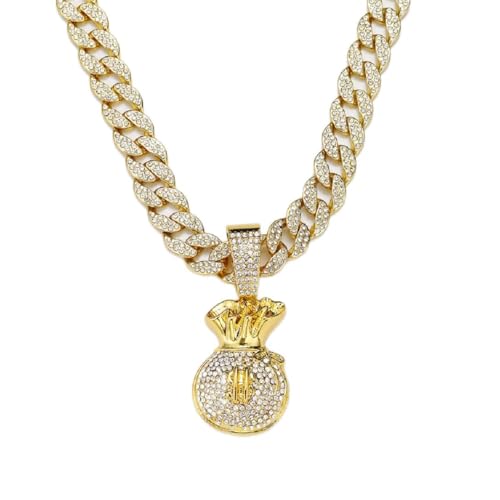 Dollar-Geldbeutel-Anhänger Männer Strass-Geldzeichen Kubanische Halskette Hip-Hop- Gold Felsen Dollarbeutel Schmuck fur Herren von Fachoice