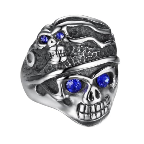 Fachoice Blauer CZ Totenkopf Augen Ring für Männer Gotischer Punk Doppel Schädel Kopf Ring BlauerKristall Totenkopf Augen Schmuck (17.3) von Fachoice