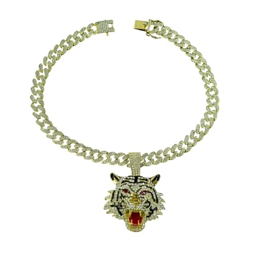 Fachoice Funkelnder Tigerkopf-Anhänger für Männer Hip-Hop-Halskette Goldenem Tigerkopf Roten Augen Brüllendem Tierschmuck für Männer von Fachoice