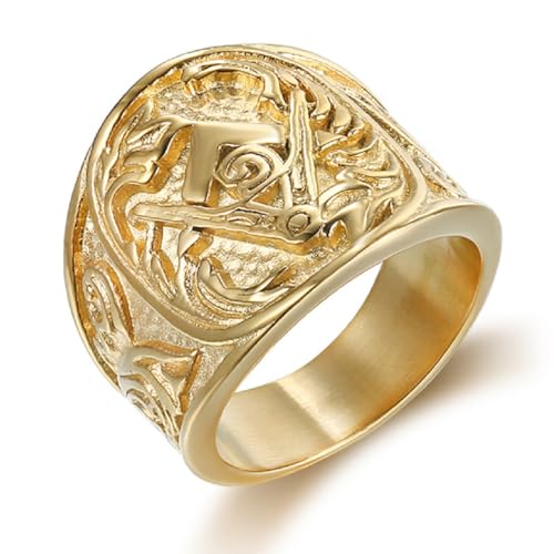 Fachoice Gold Retro-Freimaurerring für Männer Klassischer Freimaurer-Symbol-Bandring Stilvoller Jahrgang-Mason-Kompass-Schmuck (20.6) von Fachoice