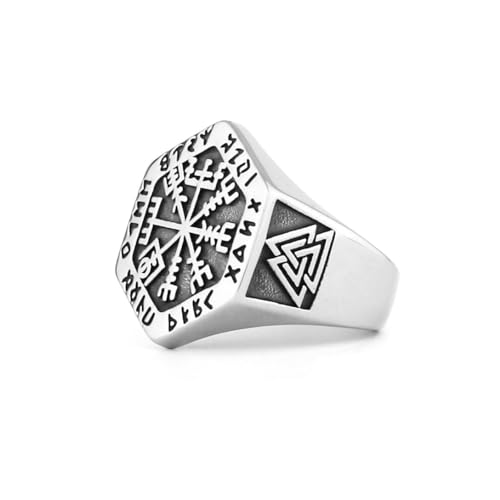 Fachoice Wegweiser-Valknut-Knoten-Ring für Männer Nordischer Wikinger-Kompass-Runenring Helm Ehrfurcht Valknut-Schmuck (21.4) von Fachoice