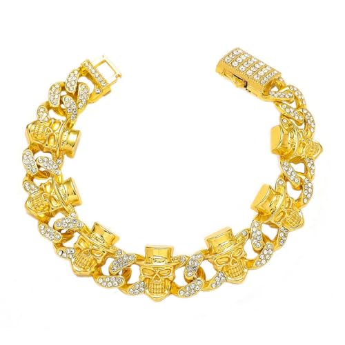 Gold Schädelkopf-Kubanisches Armband für Männer Funkelnd Kubanisches Schädelkopf-Armband Gotisch Hip Hop Skelett Biker Schmuck für Herren von Fachoice