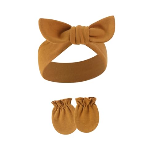 1 Set elastisches Baby-Stirnband mit passenden Fäustlingen, schönes Schleifen-Design, schweißabsorbierendes Haarband für Mädchen von FackLOxc