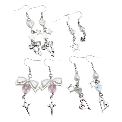 4 Paar Ohrhänger mit Schleife/Stern/Herz, Ohrzubehör, bunte Perlen, modischer Ohrschmuck für Damen und Mädchen von FackLOxc