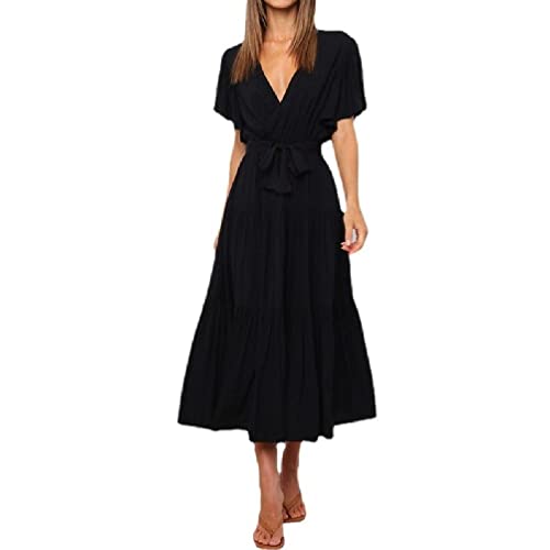 Damen Sommer Casual Langes Kleid Flutter Kurzarm Wrap V-Ausschnitt Gesmoktes Midikleid Gestuftes Bescheidenes Langes Maxikleid Damen Sommerkleider mit Ärmeln von FackLOxc