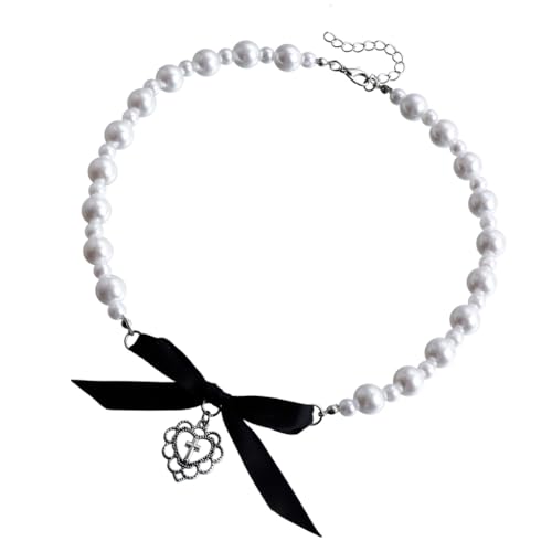 FackLOxc Anspruchsvolle Choker Imitation Perlen Halskette Liebe Herz Anhänger Halskette Zubehör für den täglichen Gebrauch, Netzstoff von FackLOxc