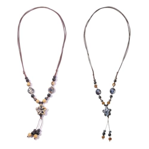 FackLOxc Ethnische lange Halskette, Blumen-Anhänger mit baumelnden Perlen, bunte Keramikperlen, Halskette, Schmuckdekoration, Keramik von FackLOxc