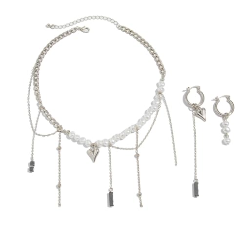 FackLOxc Halskette mit Herzanhänger, Halskette und Perlen, Choker-Ohrringe, Schmuck für Frauen und Mädchen, Imitationsperlen,Legierungen,Türkisperlen von FackLOxc