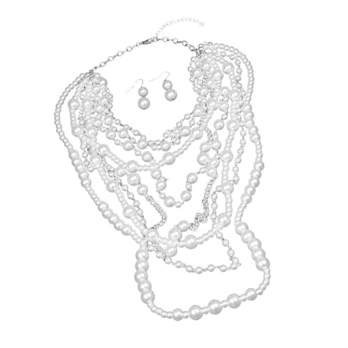 FackLOxc Modisches, mehrlagiges Perlen-Schmuck-Set mit Halskette und Ohrringen, tragbar für Partys und den Alltag, Kunstperle von FackLOxc