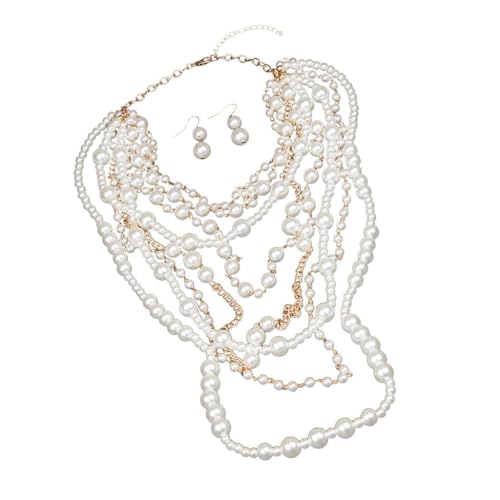 FackLOxc Modisches, mehrlagiges Perlen-Schmuck-Set mit Halskette und Ohrringen, tragbar für Partys und den Alltag, Kunstperle von FackLOxc