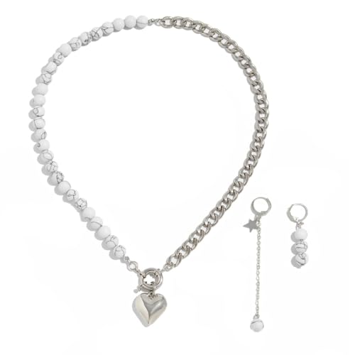 FackLOxc Ohrringe mit Herzanhänger, Halskette und Perlen, Choker-Ohrringe, Schmuck für Frauen und Mädchen, Kunstperlen, Legierungen, Türkisperlen von FackLOxc