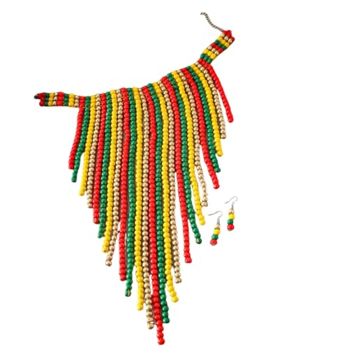 FackLOxc Statement-Schmuck-Set, Halskette und Ohrringe, lange Quasten, Hochzeitsschmuck, Holzperlenstruktur für Frauen und Mädchen, Holzperlen von FackLOxc