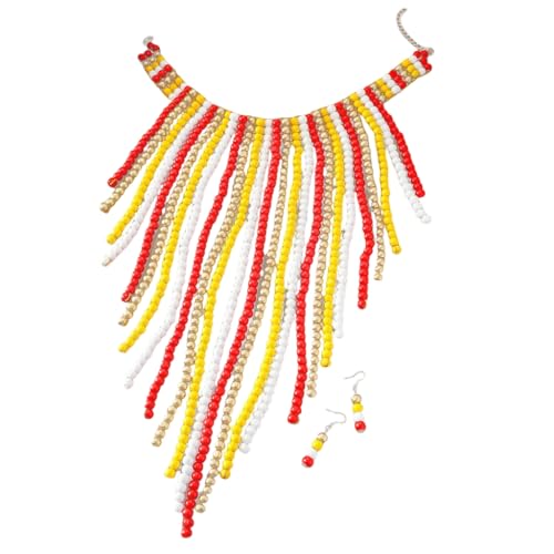 FackLOxc Statement-Schmuck-Set, Halskette und Ohrringe, lange Quasten, Hochzeitsschmuck, Holzperlenstruktur für Frauen und Mädchen, Holzperlen von FackLOxc