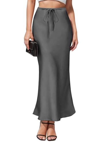 Damen Satin Maxi Röcke Kordelzug Hohe Taille Seide Elegant Flowy Casual A-Linie Langer Rock für Frauen, GRAU, Klein von Facogoo
