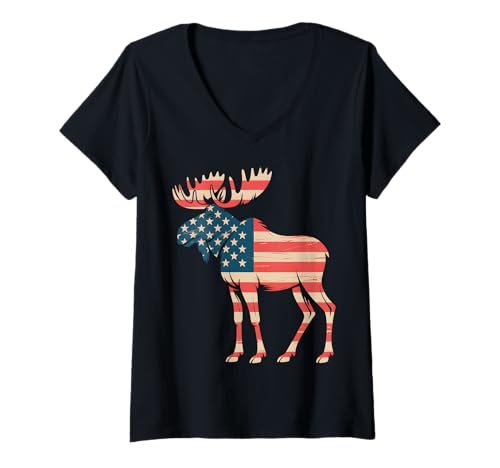 Damen Amerikanische Flagge Elch patriotisch T-Shirt mit V-Ausschnitt Damen Amerikanische Flagge Elch patriotisch T-Shirt mit V-Ausschnitt von Factor Apparel