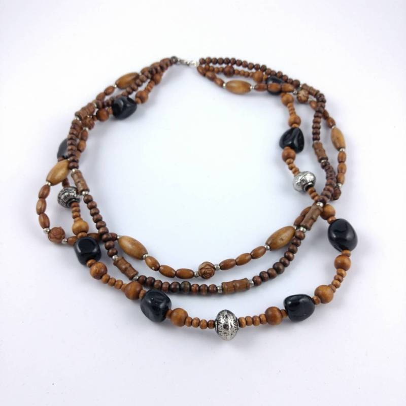 Halskette Aus Holzperlen - Braun Schwarz Silberfarben Rosenperlen Vintage-Schmuck von Factory23
